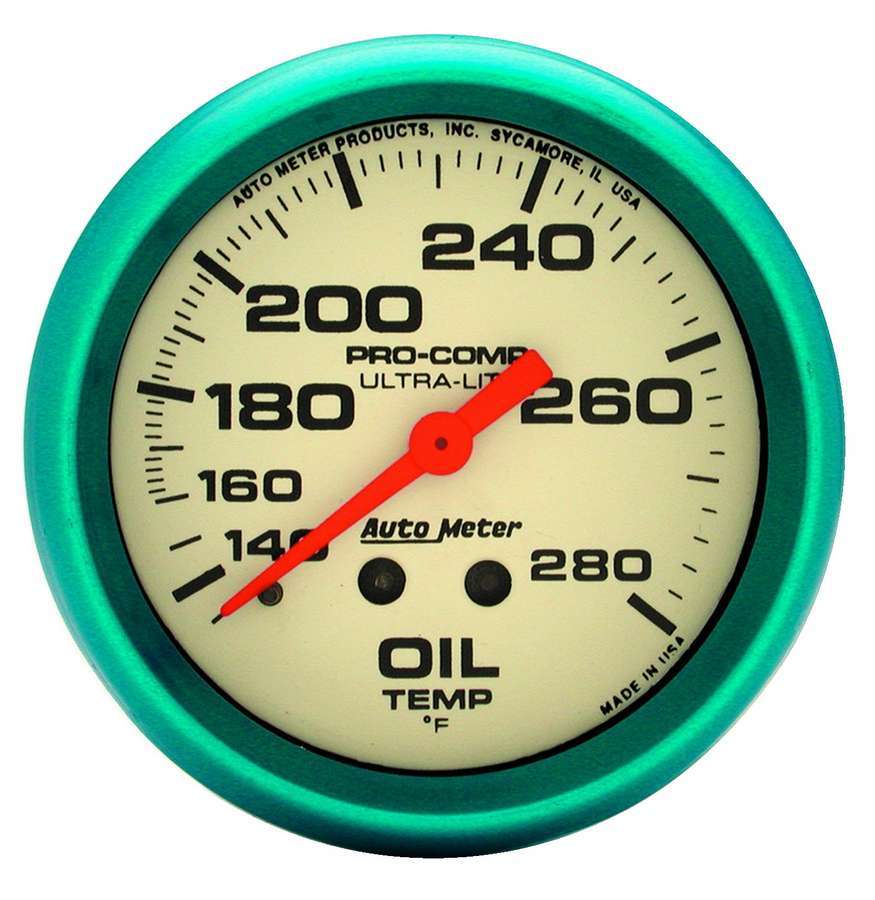 Auto Meter Oil Temperature Gauge, Ultra-Nite, 140-280 Degree F, Mechanical, Analog, 2-5/8" Diameter, White Face, Each
