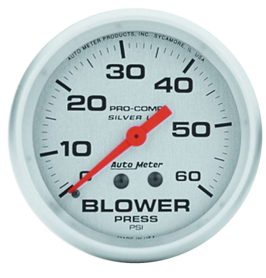 Auto Meter Blower Pressure Gauge, Ultra-Lite, 0-60 psi, Mechanical, Analog, 2-5/8" Diameter, Liquid Filled, Silver Face, Each