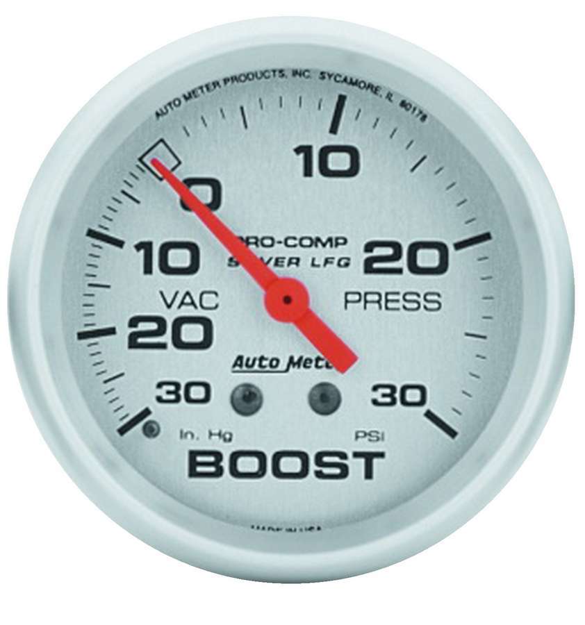 Auto Meter Boost/Vacuum Gauge, Ultra-Lite, 30" HG-30 psi, Mechanical, Analog, 2-5/8" Diameter, Liquid Filled, Silver Face, Each