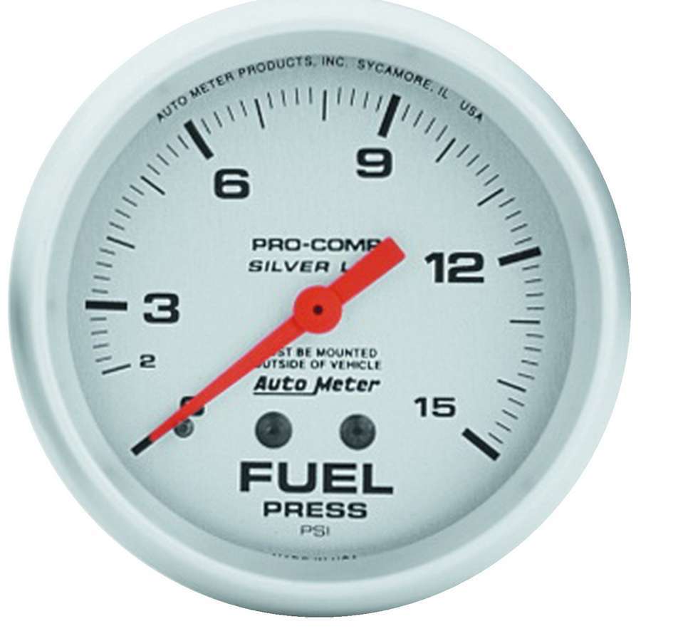 Auto Meter Fuel Pressure Gauge, Ultra-Lite, 0-15 psi, Mechanical, Analog, 2-5/8" Diameter, Liquid Filled, Silver Face, Each
