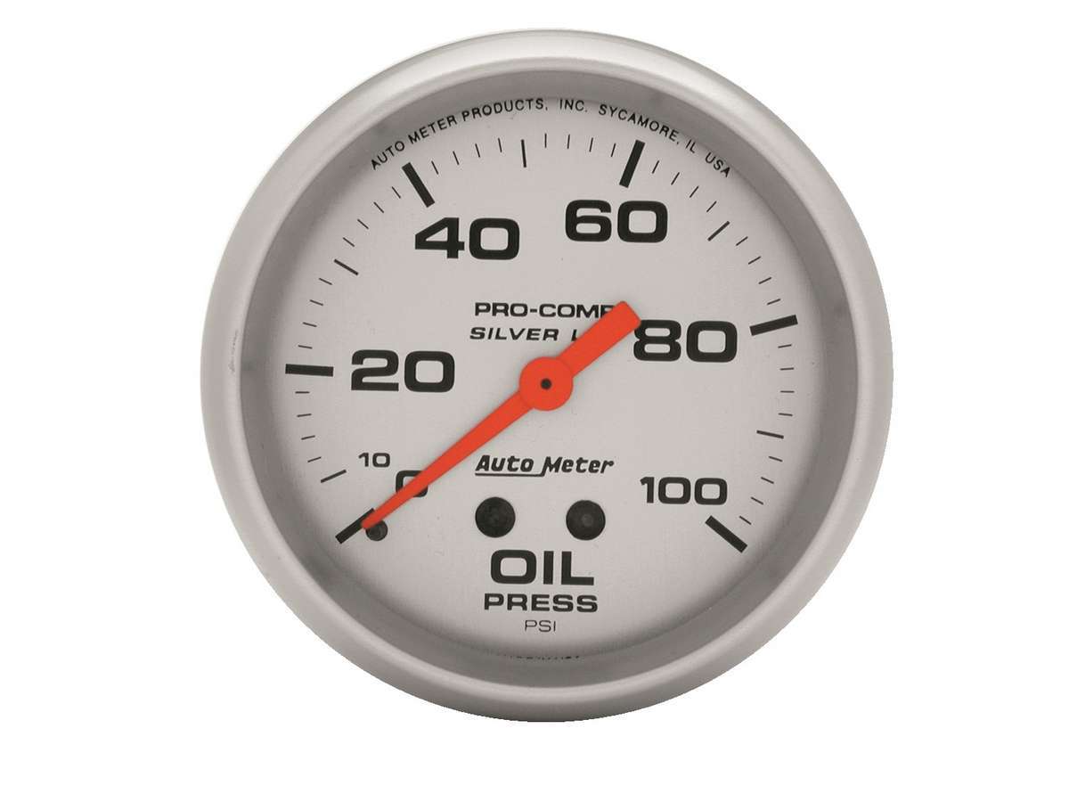 Auto Meter Oil Pressure Gauge, Ultra-Lite, 0-100 psi, Mechanical, Analog, 2-5/8" Diameter, Liquid Filled, Silver Face, Each