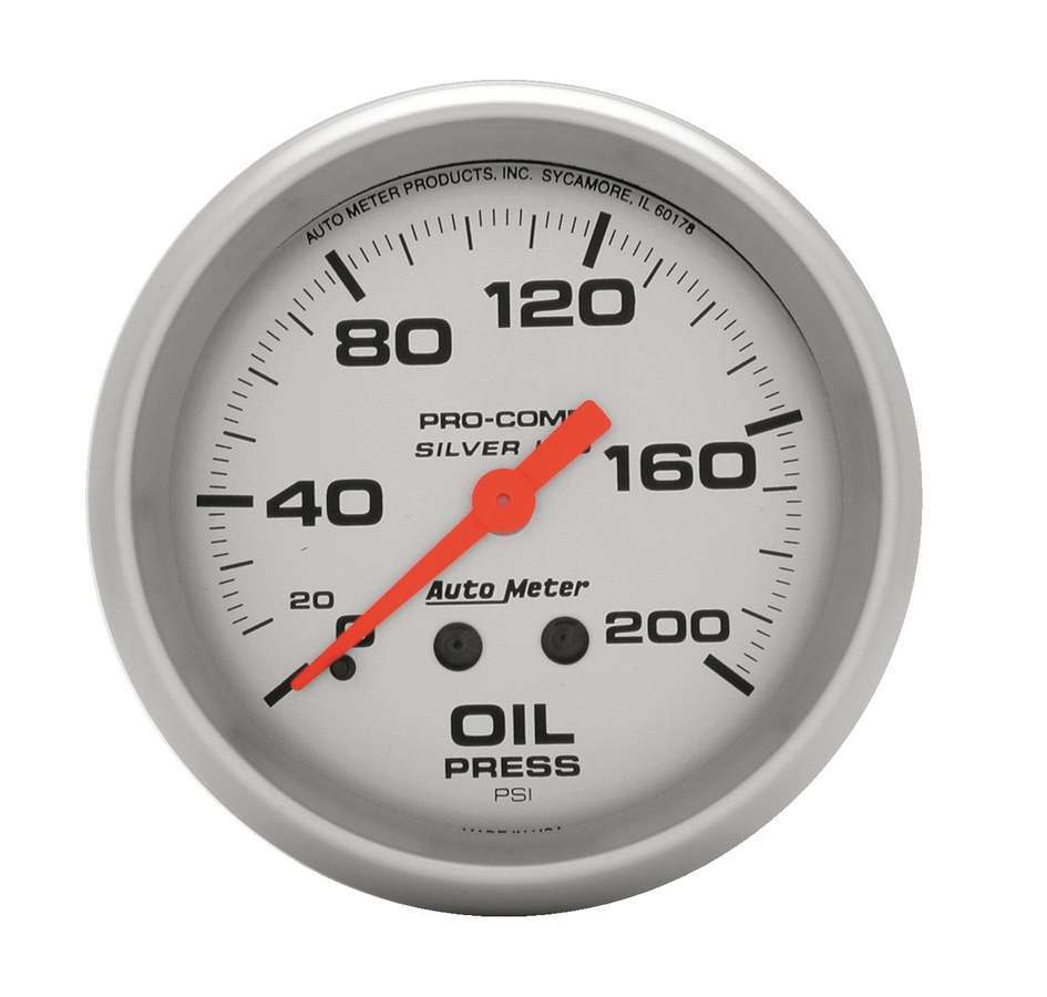 Auto Meter Oil Pressure Gauge, Ultra-Lite, 0-200 psi, Mechanical, Analog, 2-5/8" Diameter, Liquid Filled, Silver Face, Each