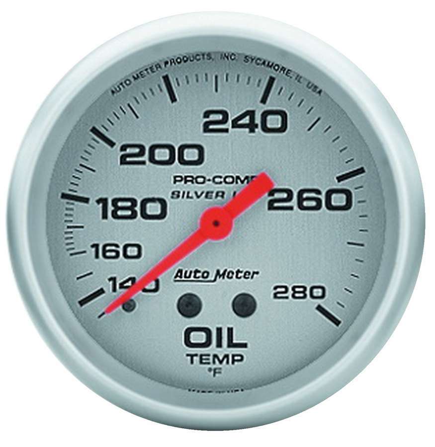 Auto Meter Oil Temperature Gauge, Ultra-Lite, 140-280 Degree F, Mechanical, Analog, 2-5/8" Diameter, Liquid Filled, Silver Face,