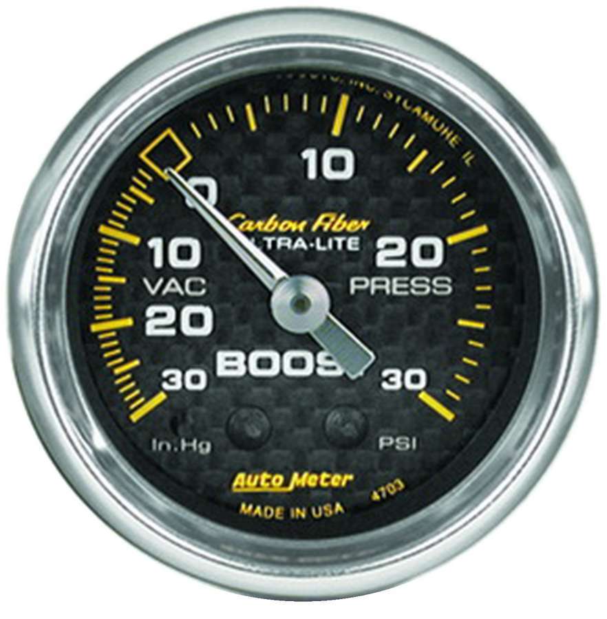 Auto Meter Boost/Vacuum Gauge, Carbon Fiber, 30" HG-30 psi, Mechanical, Analog, 2-1/16" Diameter, Carbon Fiber Look Face, Each