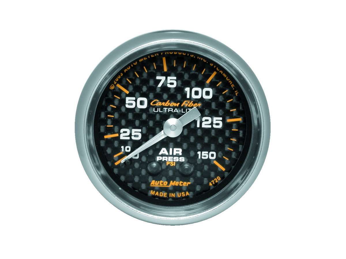 Auto Meter Air Pressure Gauge, Carbon Fiber, 0-150 psi, Mechanical, Analog, 2-1/16" Diameter, Carbon Fiber Look Face, Each
