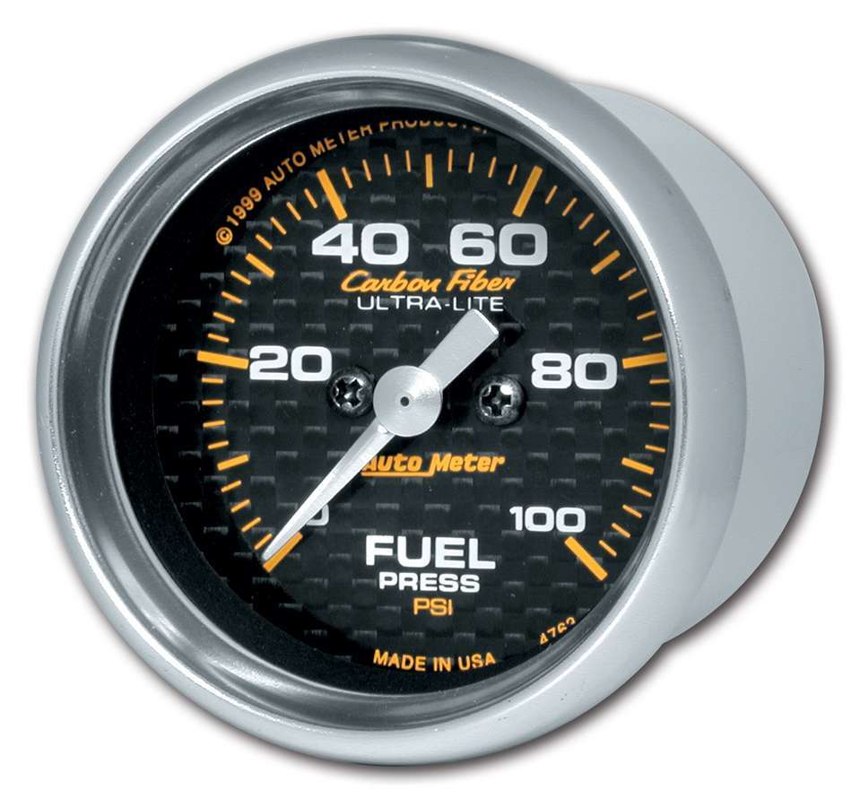 Auto Meter Fuel Pressure Gauge, Carbon Fiber, 0-100 psi, Electric, Analog, Full Sweep, 2-1/16" Diameter, Carbon Fiber Look Face,
