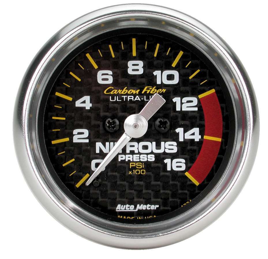 Auto Meter Nitrous Pressure Gauge, Carbon Fiber, 0-1600 psi, Electric, Analog, Full Sweep, 2-1/16" Diameter, Carbon Fiber Look F