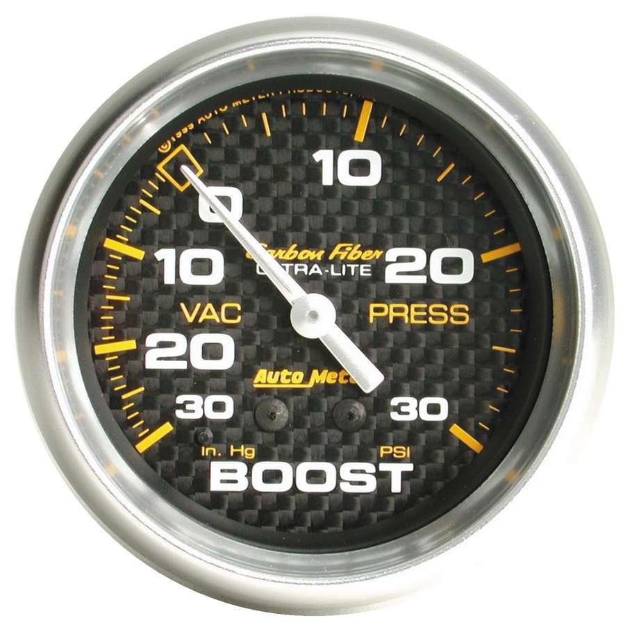 Auto Meter Boost/Vacuum Gauge, Carbon Fiber, 30" HG-30 psi, Mechanical, Analog, 2-5/8" Diameter, Carbon Fiber Look Face, Each