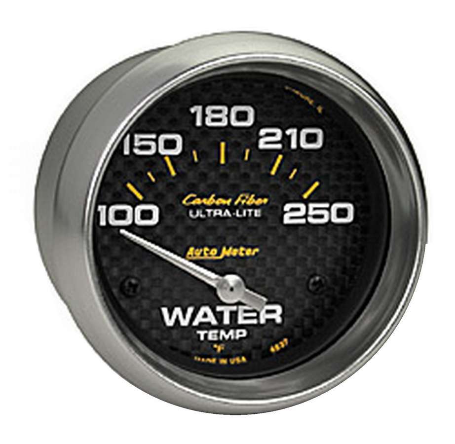 Auto Meter Water Temperature Gauge, Carbon Fiber, 100-250 Degree F, Electric, Analog, Short Sweep, 2-5/8" Diameter, Carbon Fiber
