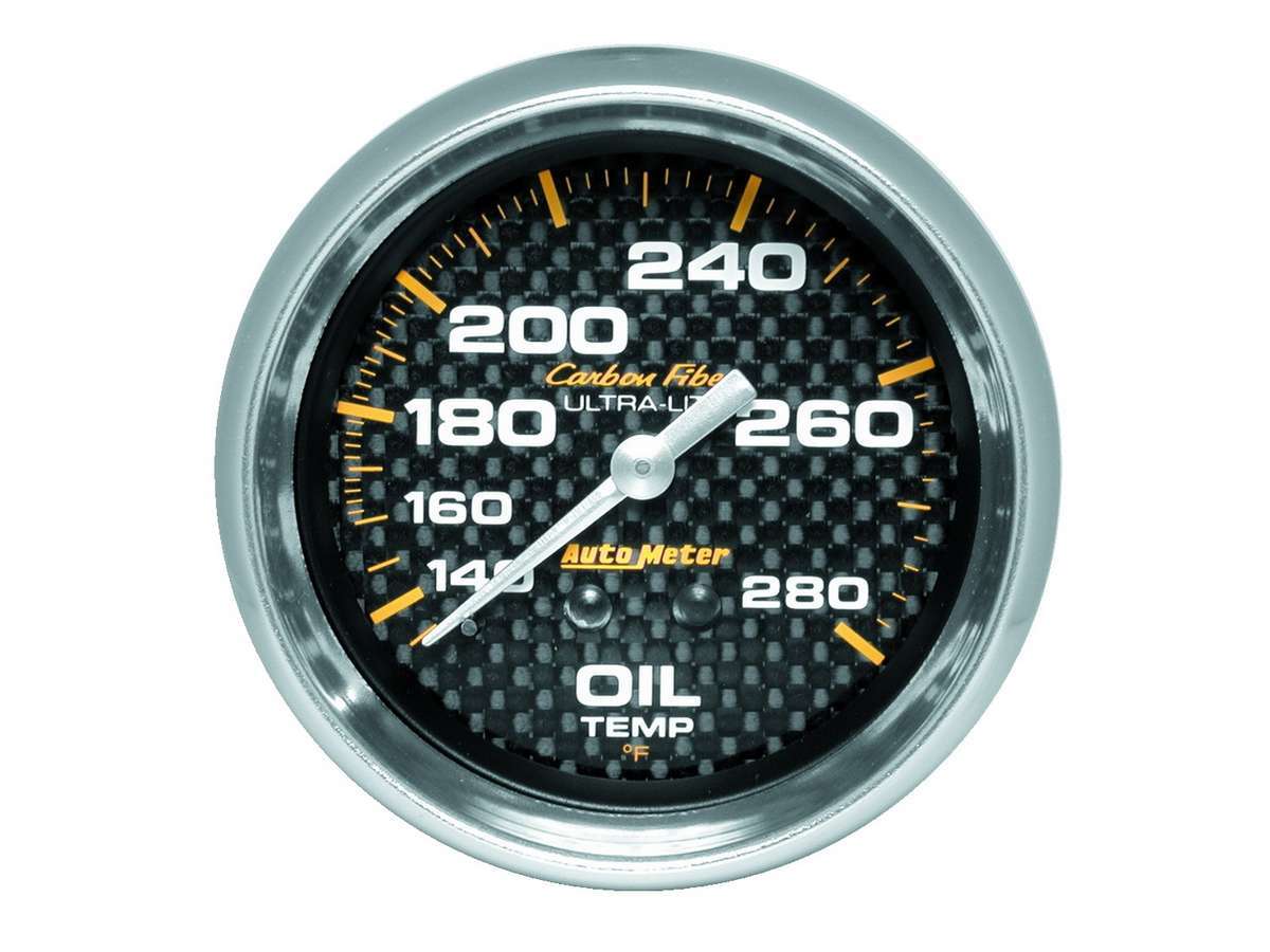Auto Meter Oil Temperature Gauge, Carbon Fiber, 140-280 Degree F, Mechanical, Analog, 2-5/8" Diameter, Carbon Fiber Look Face, E