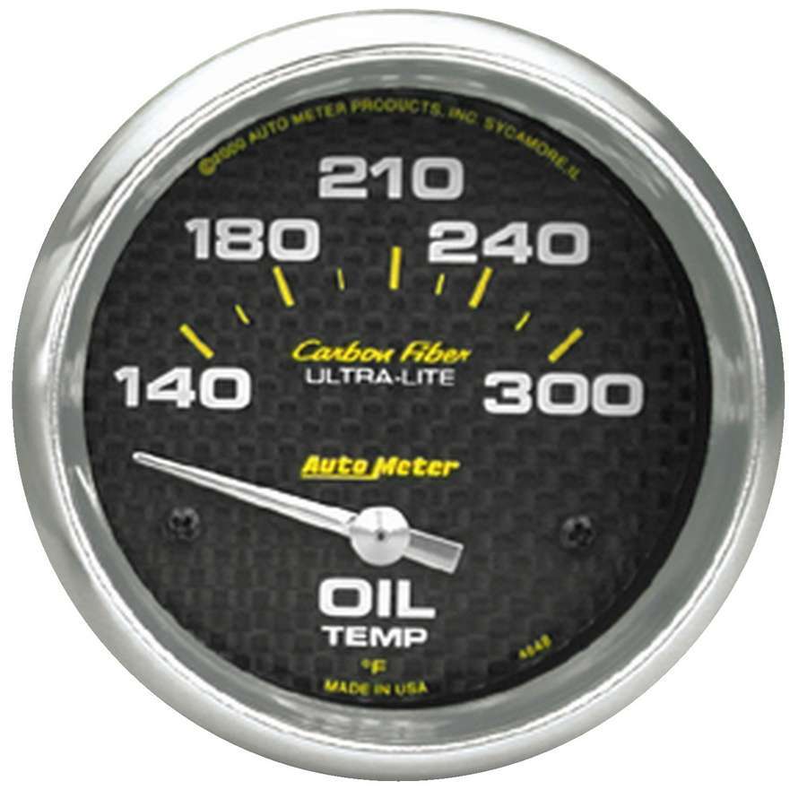 Auto Meter Oil Temperature Gauge, Carbon Fiber, 140-300 Degree F, Electric, Analog, Short Sweep, 2-5/8" Diameter, Carbon Fiber L