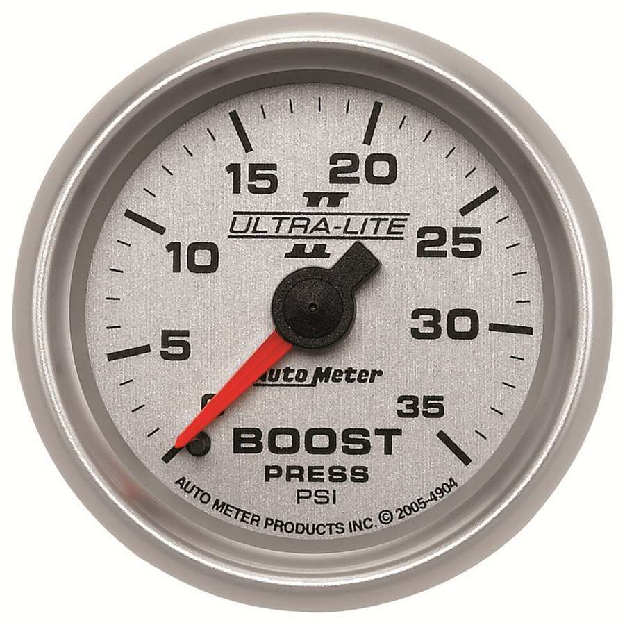 Auto Meter Boost Gauge, Ultra-Lite II, 0-35 psi, Mechanical, Analog, 2-1/16" Diameter, Silver Face, Each