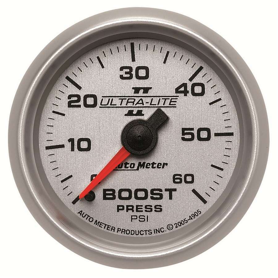 Auto Meter Boost Gauge, Ultra-Lite II, 0-60 psi, Mechanical, Analog, 2-1/16" Diameter, Silver Face, Each