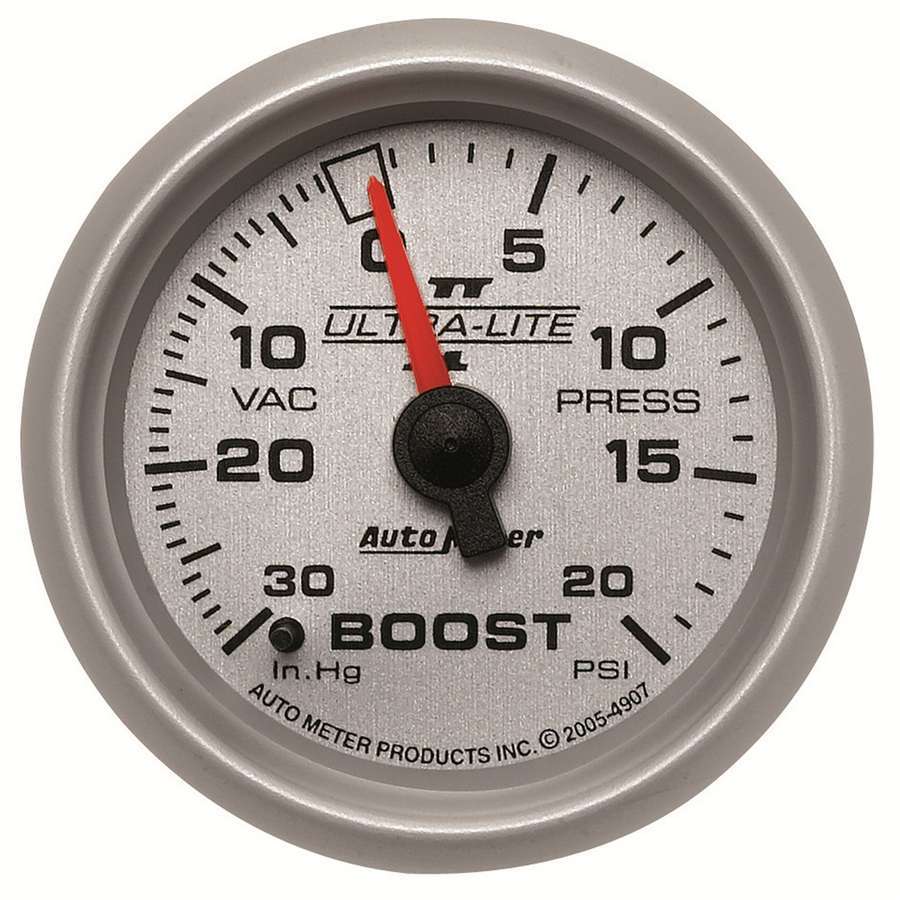 Auto Meter Boost/Vacuum Gauge, Ultra-Lite II, 30" HG-20 psi, Mechanical, Analog, 2-1/16" Diameter, Silver Face, Each