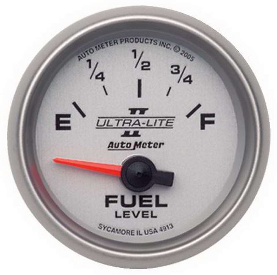Auto Meter Fuel Level Gauge, Ultra-Lite II, 0-90 ohm, Electric, Analog, Short Sweep, 2-1/16" Diameter, Silver Face, Each