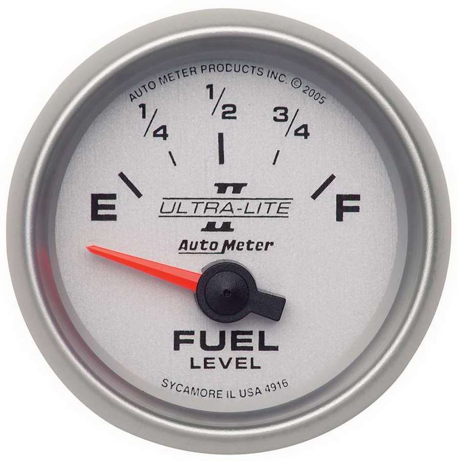 Auto Meter Fuel Level Gauge, Ultra-Lite II, 240-33 ohm, Electric, Analog, Short Sweep, 2-1/16" Diameter, Silver Face, Each