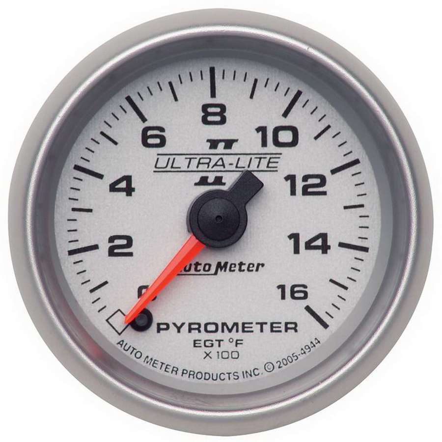 Auto Meter EGT Gauge, Ultra-Lite II, 0-1600 Degree F, Electric, Analog, Full Sweep, 2-1/16" Diameter, Silver Face, Each