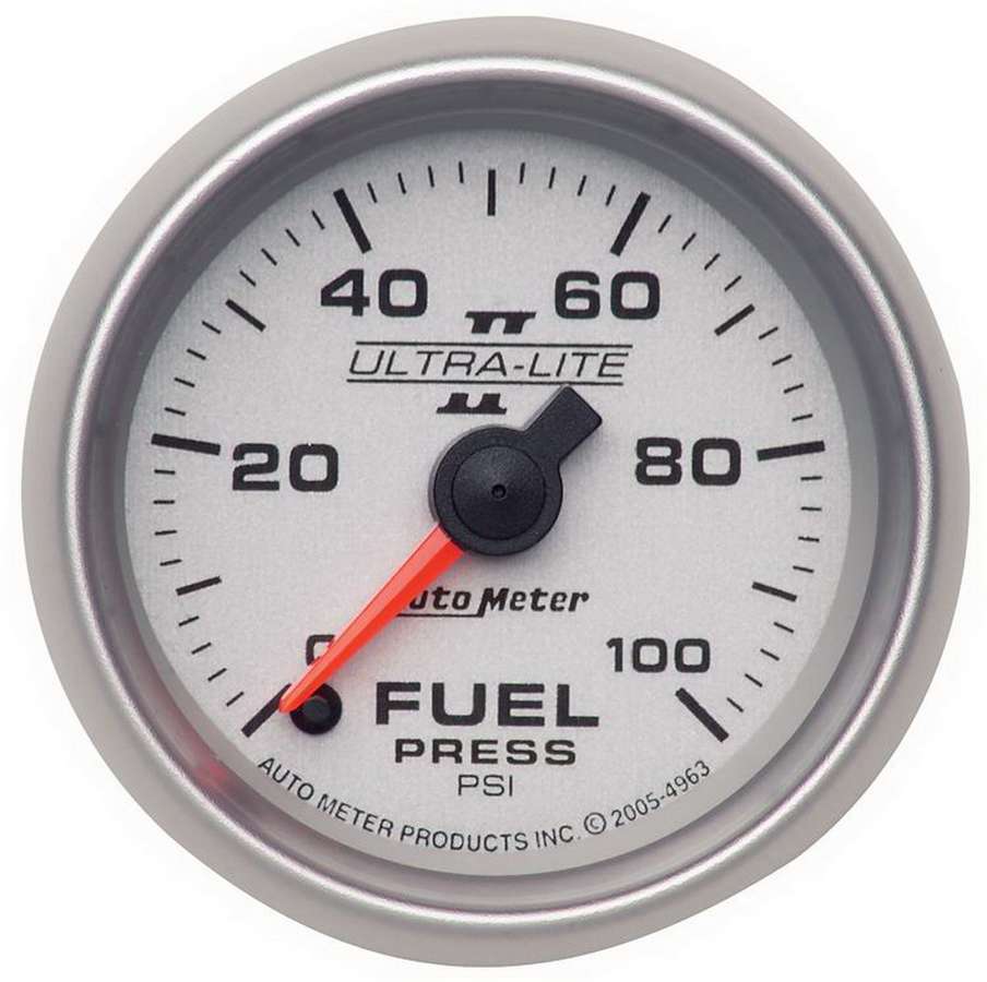 Auto Meter Fuel Pressure Gauge, Ultra-Lite II, 0-100 psi, Electric, Analog, Full Sweep, 2-5/8" Diameter, Silver Face, Each