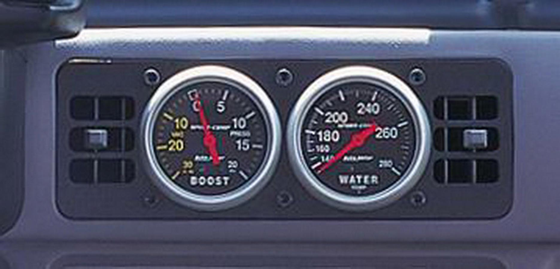 Auto Meter Gauge Mounting Panel, Gauge Cage, Two 2-5/8" Holes, Vents, Black, Ford Mustang 1987-93, Kit
