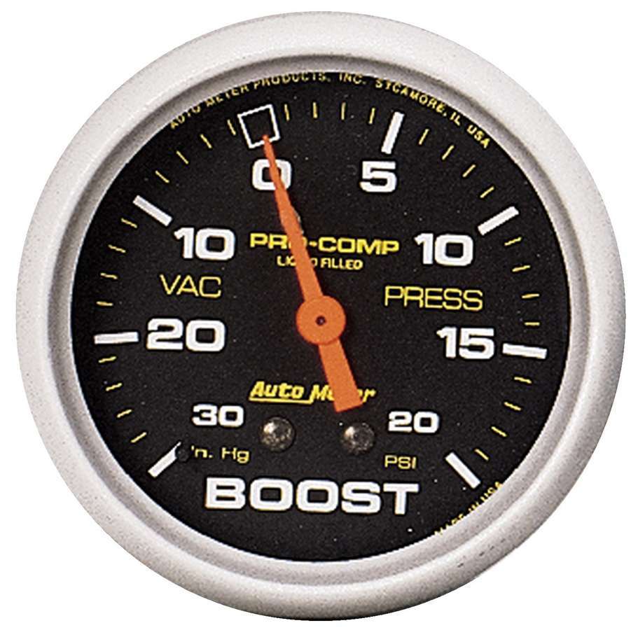 Auto Meter Boost/Vacuum Gauge, Pro-Comp, 30" HG-20 psi, Mechanical, Analog, 2-5/8" Diameter, Liquid Filled, Black Face, Each