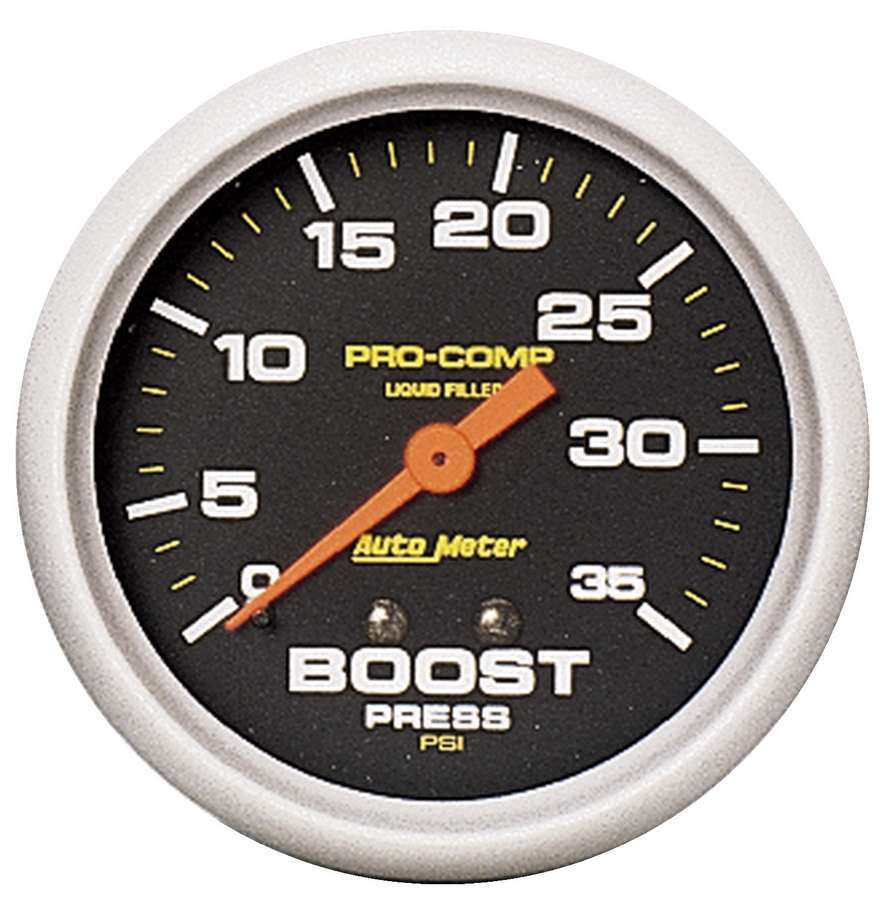 Auto Meter Boost Gauge, Pro-Comp, 0-35 psi, Mechanical, Analog, 2-5/8" Diameter, Liquid Filled, Black Face, Each