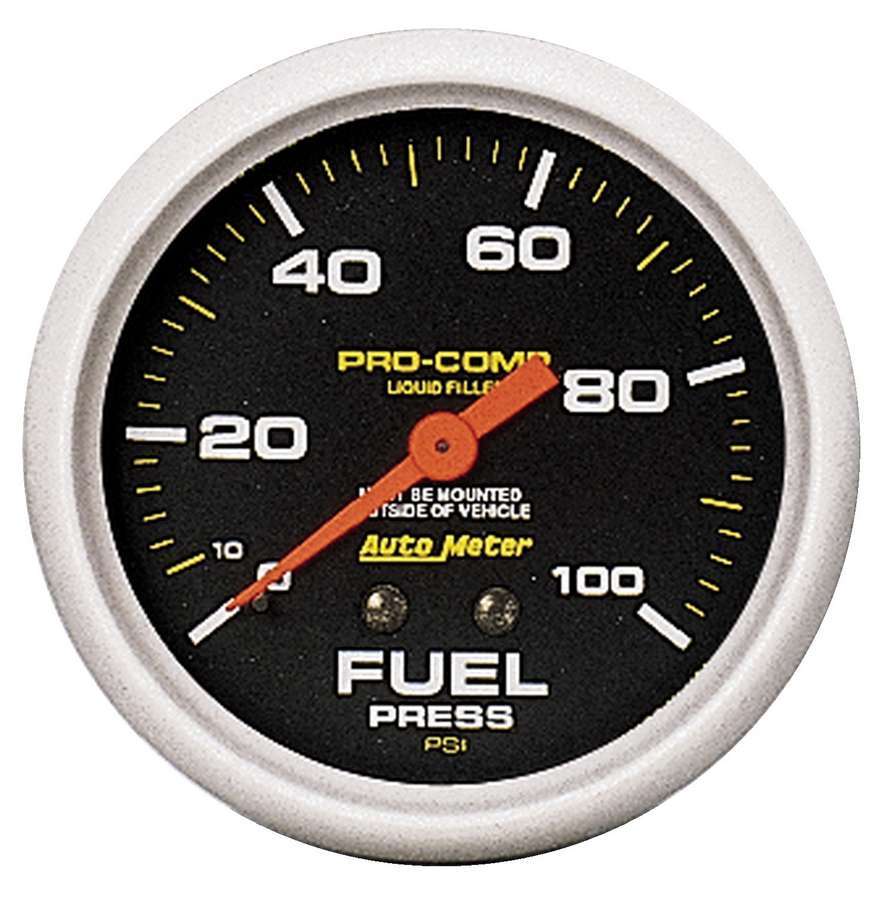 Auto Meter Fuel Pressure Gauge, Pro-Comp, 0-100 psi, Mechanical, Analog, 2-5/8" Diameter, Liquid Filled, Black Face, Each