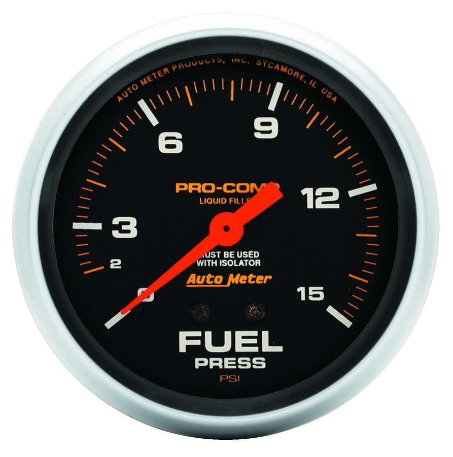 Auto Meter Fuel Pressure Gauge, Pro-Comp, 0-15 psi, Mechanical, Analog, 2-5/8" Diameter, Liquid Filled, Black Face, Each