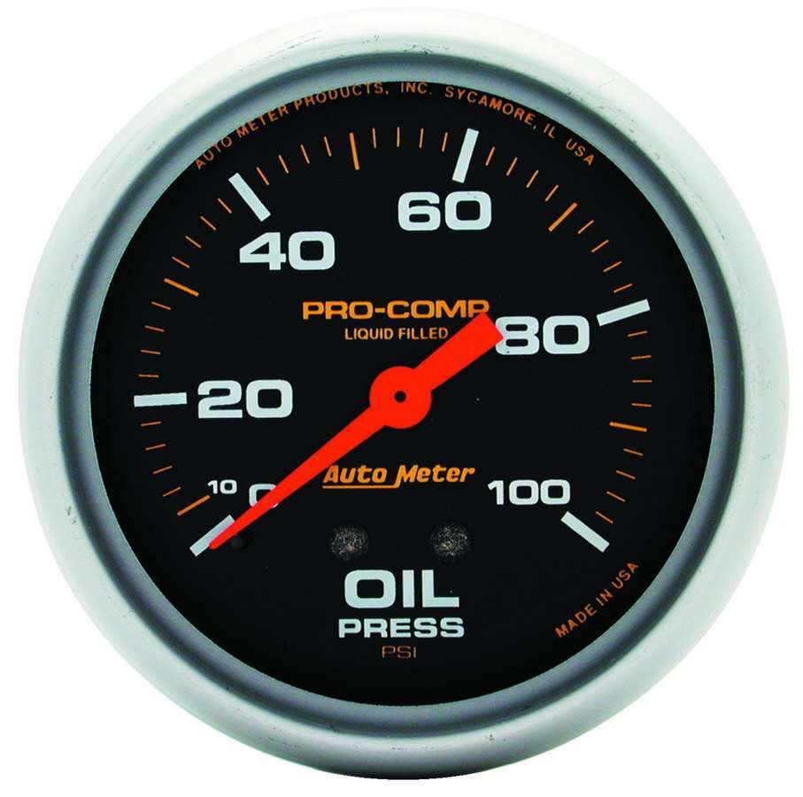Auto Meter Oil Pressure Gauge, Pro-Comp, 0-100 psi, Mechanical, Analog, 2-5/8" Diameter, Liquid Filled, Black Face, Each