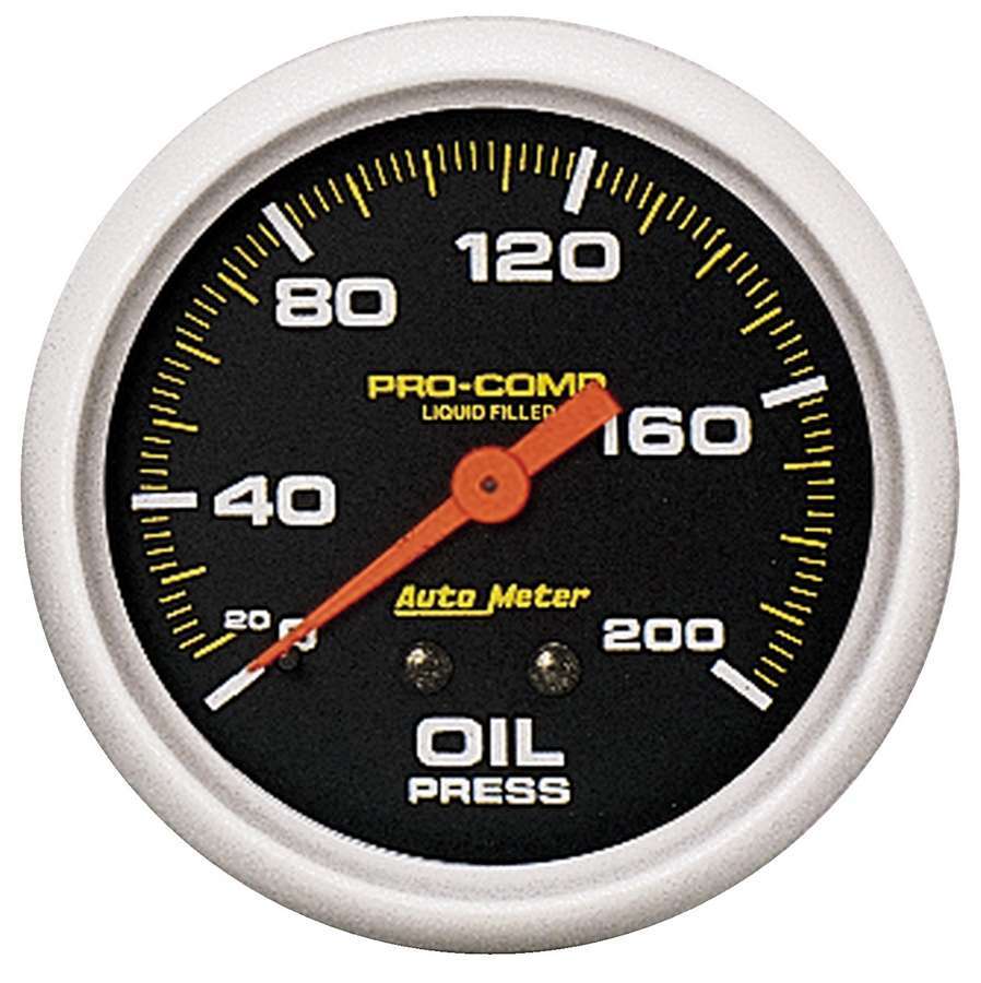 Auto Meter Oil Pressure Gauge, Pro-Comp, 0-200 psi, Mechanical, Analog, 2-5/8" Diameter, Liquid Filled, Black Face, Each