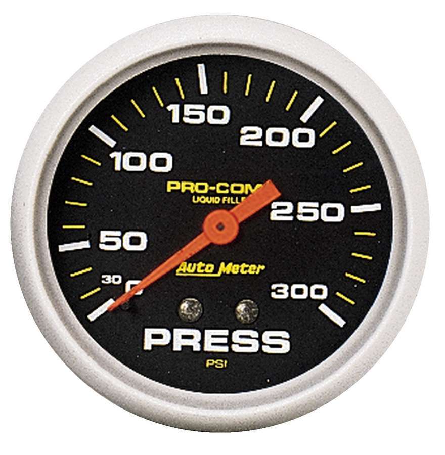 Auto Meter Pressure Gauge, Pro-Comp, 0-300 psi, Mechanical, Analog, 2-5/8" Diameter, Liquid Filled, Black Face, Each