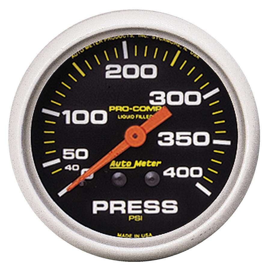 Auto Meter Pressure Gauge, Pro-Comp, 0-400 psi, Mechanical, Analog, 2-5/8" Diameter, Liquid Filled, Black Face, Each