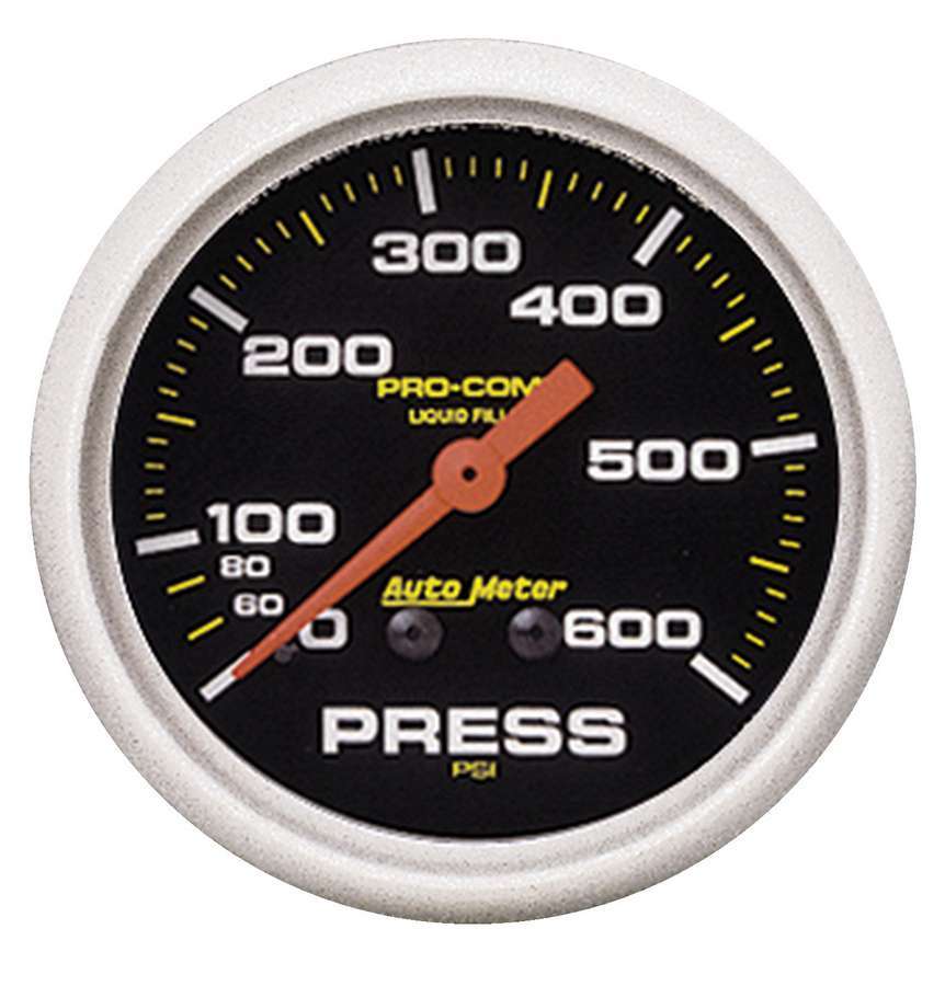 Auto Meter Pressure Gauge, Pro-Comp, 0-600 psi, Mechanical, Analog, 2-5/8" Diameter, Liquid Filled, Black Face, Each