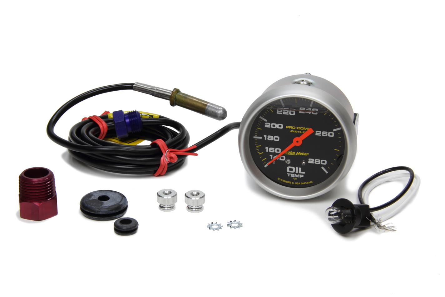 Auto Meter Oil Temperature Gauge, Pro-Comp, 140-280 Degree F, Mechanical, Analog, 2-5/8" Diameter, Liquid Filled, Black Face, Ea