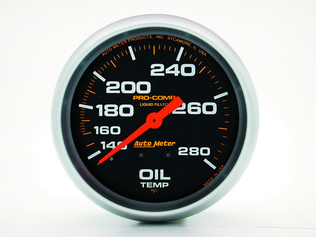 Auto Meter Oil Temperature Gauge, Pro-Comp, 140-280 Degree F, Mechanical, Analog, 2-5/8" Diameter, Liquid Filled, Black Face, Ea