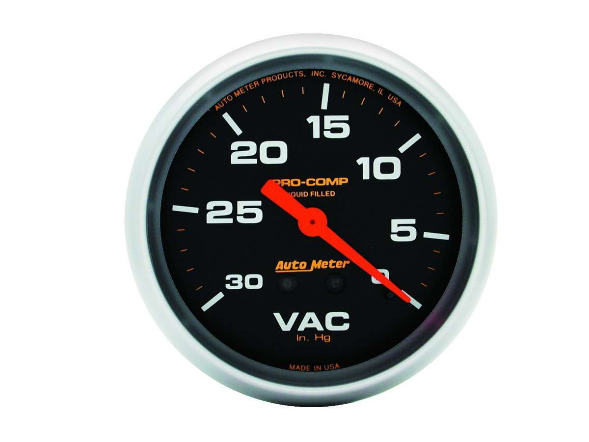 Auto Meter Vacuum Gauge, Pro-Comp, 0-30" HG, Mechanical, Analog, 2-5/8" Diameter, Liquid Filled, Black Face, Each