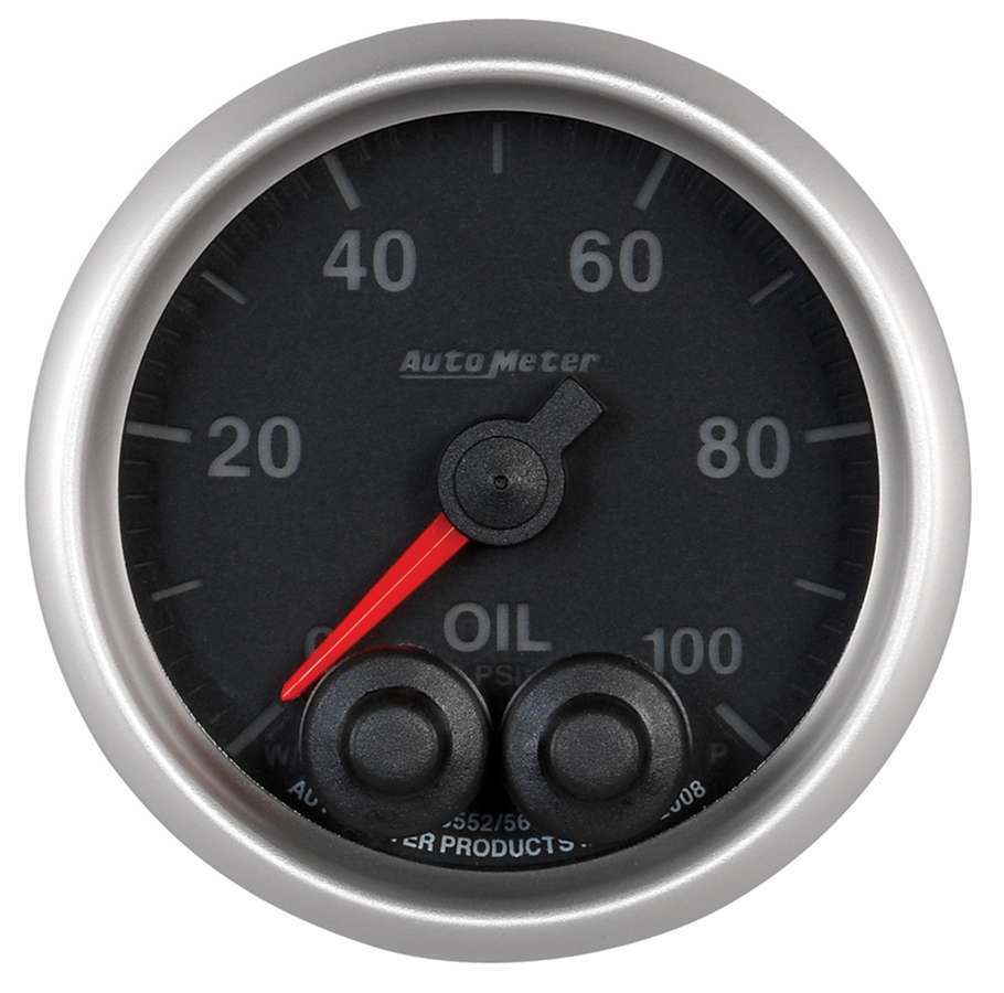 Auto Meter Oil Pressure Gauge, Elite Series, 0-100 psi, Electric, Analog, Full Sweep, 2-1/16" Diameter, Peak and Warn, Black Fac