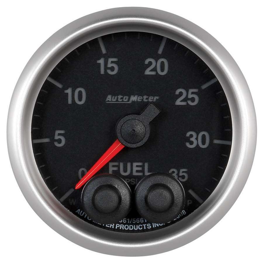 Auto Meter Fuel Pressure Gauge, Elite Series, 0-35 psi, Electric, Analog, Full Sweep, 2-1/16" Diameter, Peak and Warn, Black Fac