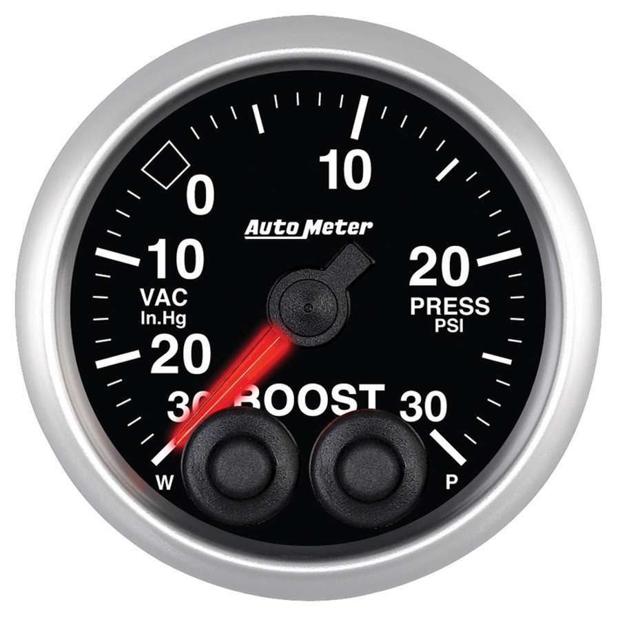 Auto Meter Boost/Vacuum Gauge, Elite Series, 30" HG-30 psi, Electric, Analog, Full Sweep, 2-1/16" Diameter, Peak and Warn, Black
