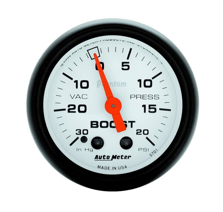 Auto Meter Boost/Vacuum Gauge, Phantom, 30" HG-20 psi, Mechanical, Analog, 2-1/16" Diameter, White Face, Each