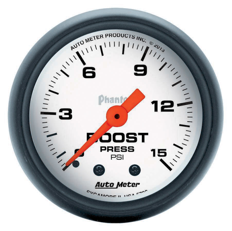 Auto Meter Boost/Vacuum Gauge, Phantom, 30" HG-15 psi, Mechanical, Analog, 2-1/16" Diameter, White Face, Each