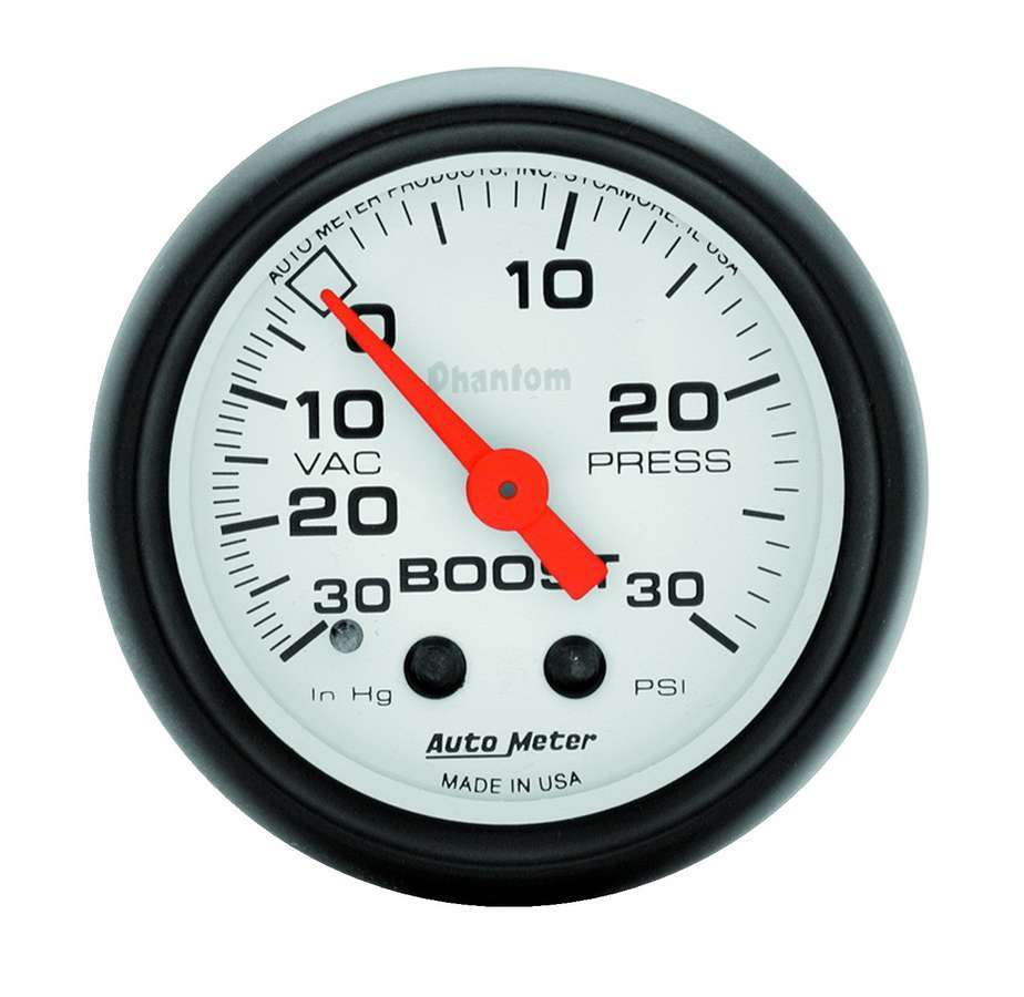 Auto Meter Boost/Vacuum Gauge, Phantom, 30" HG-30 psi, Mechanical, Analog, 2-1/16" Diameter, White Face, Each