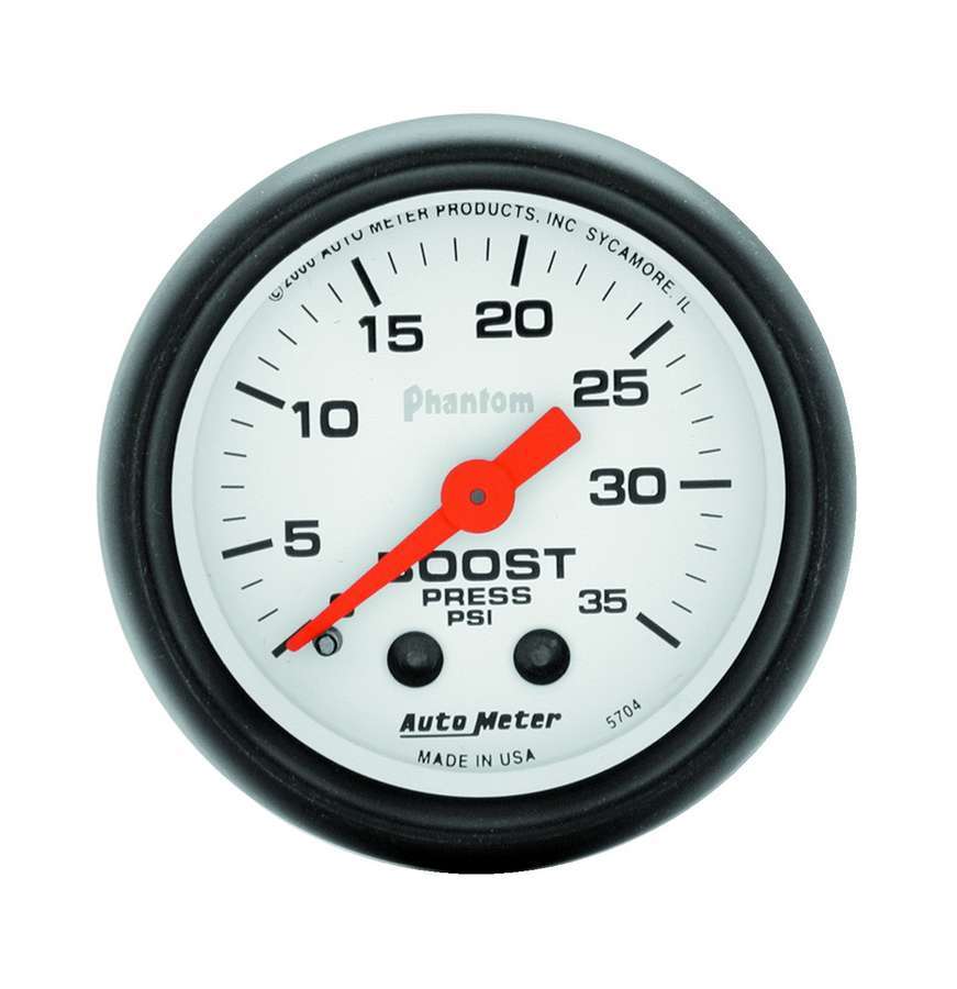 Auto Meter Boost Gauge, Phantom, 0-35 psi, Mechanical, Analog, 2-1/16" Diameter, White Face, Each