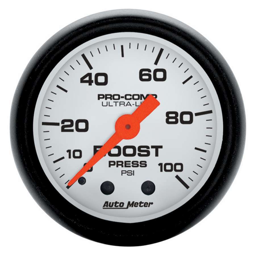 Auto Meter Boost Gauge, Phantom, 0-100 psi, Mechanical, Analog, 2-1/16" Diameter, White Face, Each