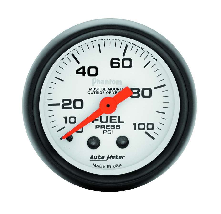 Auto Meter Fuel Pressure Gauge, Phantom, 0-100 psi, Mechanical, Analog, 2-1/16" Diameter, White Face, Each