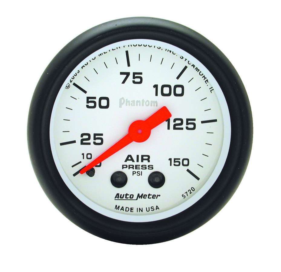Auto Meter Air Pressure Gauge, Phantom, 0-150 psi, Mechanical, Analog, 2-1/16" Diameter, White Face, Each