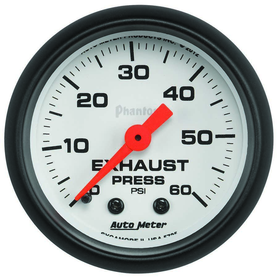 Auto Meter Exhaust Pressure Gauge, Phantom, 0-60 psi, Mechanical, Analog, 2-1/16" Diameter, White Face, Each
