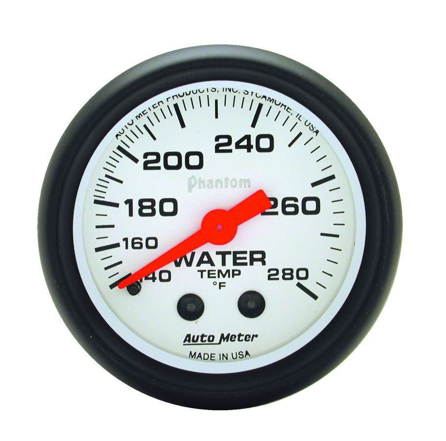 Auto Meter Water Temperature Gauge, Phantom, 140-280 Degree F, Mechanical, Analog, 2-1/16" Diameter, White Face, Each