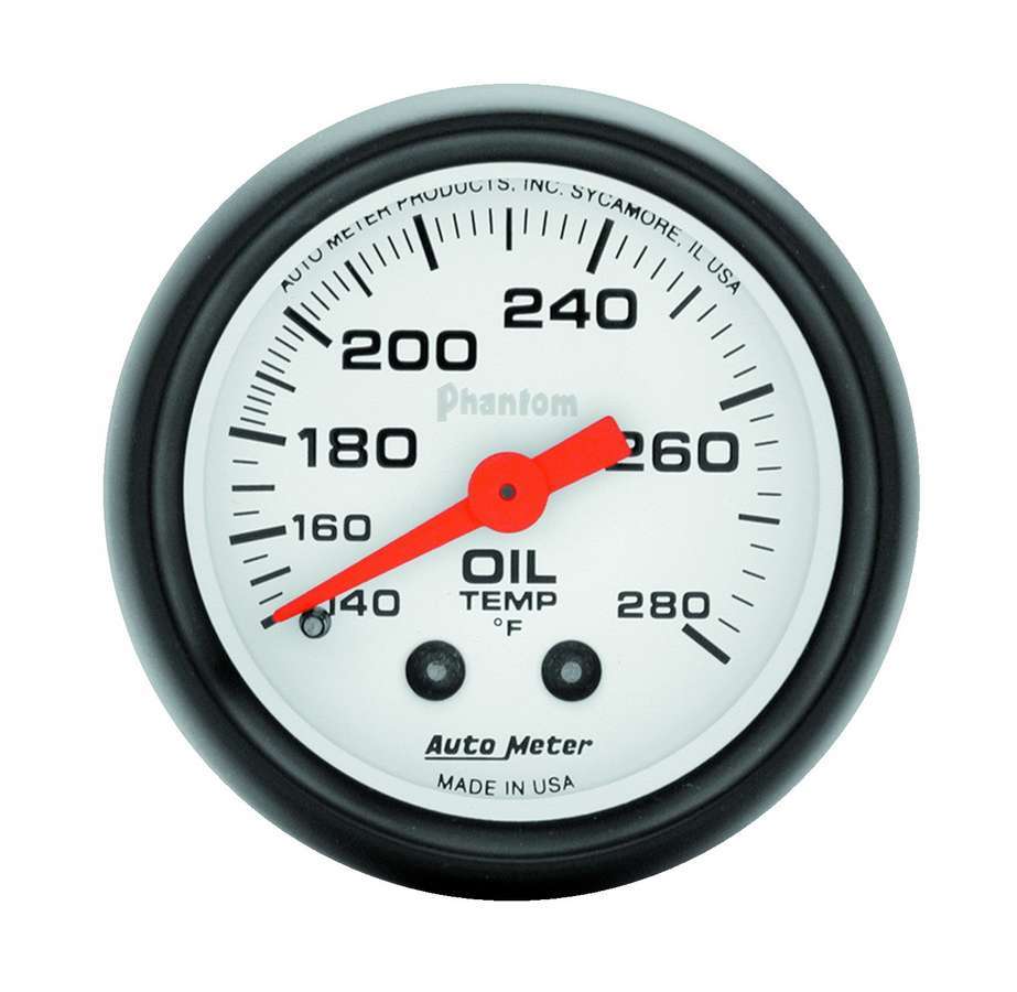 Auto Meter Oil Temperature Gauge, Phantom, 140-280 Degree F, Mechanical, Analog, 2-1/16" Diameter, White Face, Each