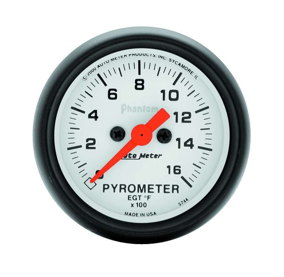Auto Meter EGT Gauge, Phantom, 0-1600 Degree F, Electric, Analog, Full Sweep, 2-1/16" Diameter, White Face, Each
