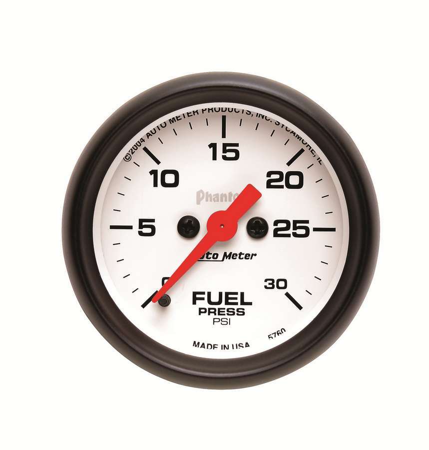 Auto Meter Fuel Pressure Gauge, Phantom, 0-30 psi, Electric, Analog, Full Sweep, 2-1/16" Diameter, White Face, Each